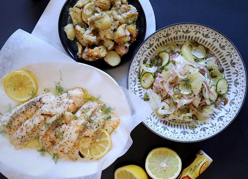 Baked Fish Recipe (with Fennel Salad and Smashed Potatoes)